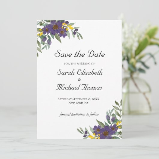 Gelber Lila QR-Code Hochzeit Sichern Sie das Datum Save The Date (Stehend Vorderseite)