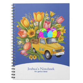 Gelber LKW für Ostereier Blume Notizblock