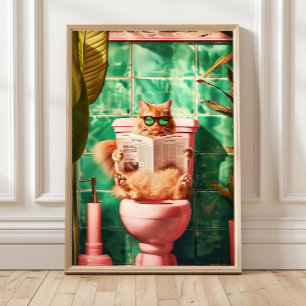 Gelber lustiger orangefarbener Katzen-Toiletten-Au Poster
