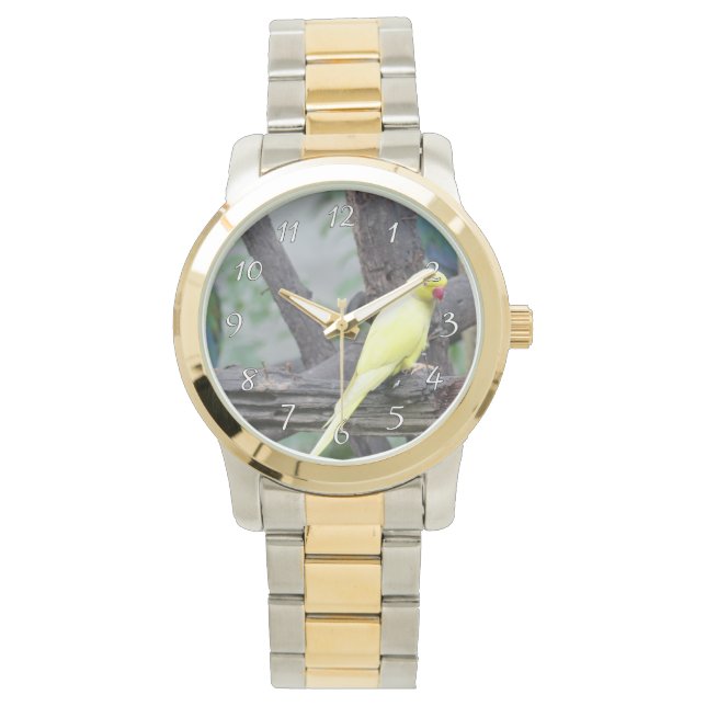 Gelber Lutino Ring Necked Parakeet in einem Baum Armbanduhr (Vorderseite)