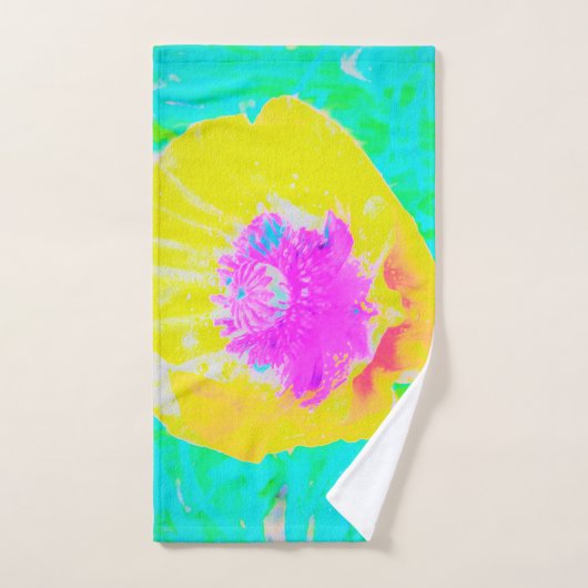 Gelber Mohn mit Hot-Pink-Mitte auf Türkis Badhandtuch Set (Handtuch)