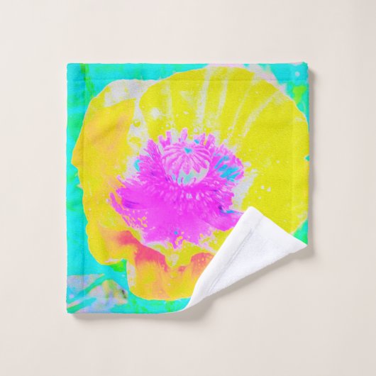 Gelber Mohn mit Hot-Pink-Mitte auf Türkis Badhandtuch Set (Waschlappen)