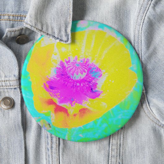 Gelber Mohn mit Hot-Pink-Mitte auf Türkis Button (Beispiel)