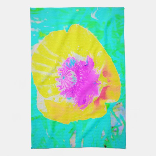 Gelber Mohn mit Hot-Pink-Mitte auf Türkis Geschirrtuch (Vertikal)