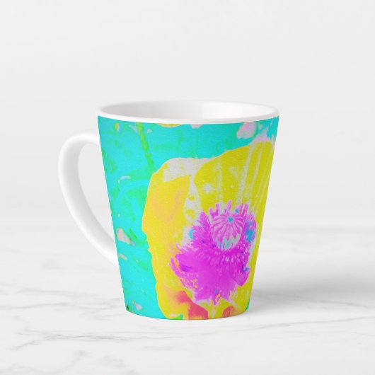 Gelber Mohn mit Hot-Pink-Mitte auf Türkis Milchtasse (Linke Ecke)