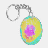 Gelber Mohn mit Hot-Pink-Mitte auf Türkis Schlüsselanhänger (Vorderseite links)
