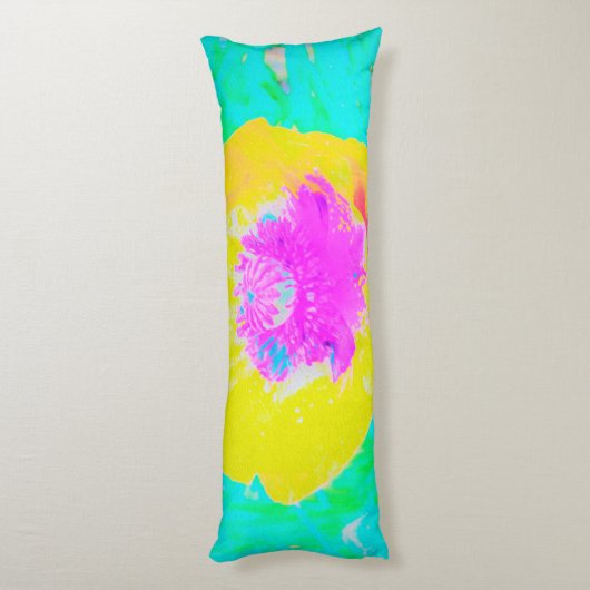 Gelber Mohn mit Hot-Pink-Mitte auf Türkis Seitenschläferkissen (Rückseite (Vertikal))