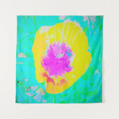 Gelber Mohn mit Hot-Pink-Mitte auf Türkis Wandteppich (Vorderseite)