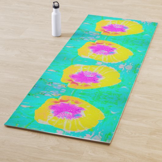 Gelber Mohn mit Hot-Pink-Mitte auf Türkis Yogamatte (Beispiel)