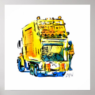 Gelber Müllwagen / Künstler Larry Lerew Poster