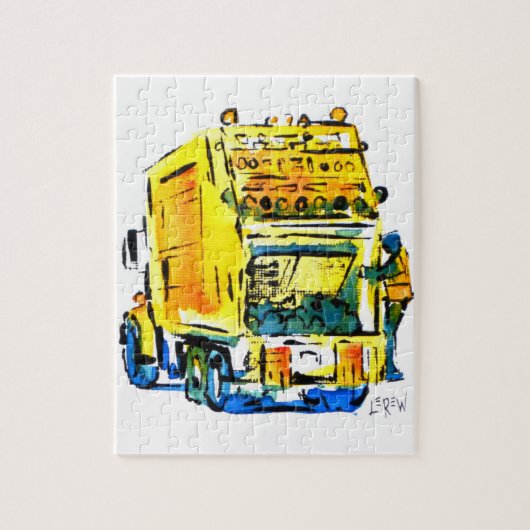 Gelber Müllwagen / Künstler Larry Lerew Puzzle (Vertikal)