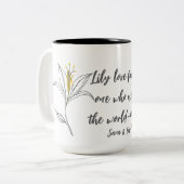 Gelber Muttertagsbecher mit Lilie Zweifarbige Tasse (Vorderseite Links)