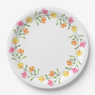 Gelber, Orange, Rosa Wasserfarben-Blumenkranz Pappteller