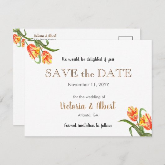 Gelber Papagei-Tulips-Blumenzehen retten das Datum Ankündigungspostkarte (Vorne/Hinten)