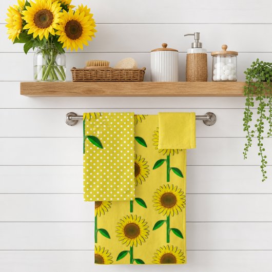 Gelber Polka Dot und Sonnenblumen Badetuch Set