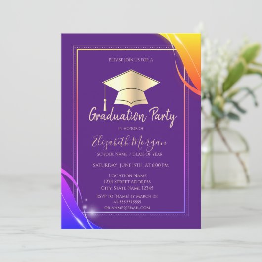 Gelber Rahmen Grad Cap Violet Abschluss Einladung (Stehend Vorderseite)