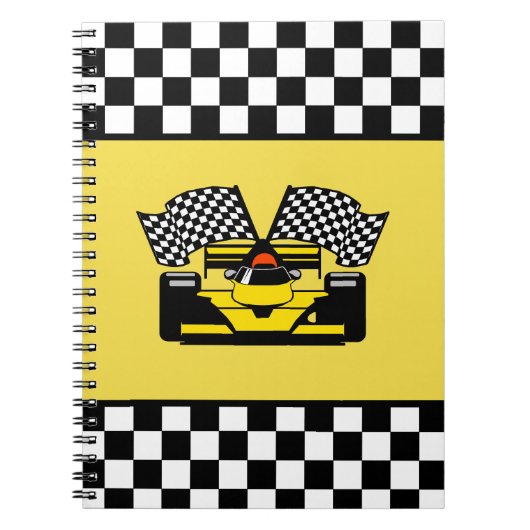 Gelber Rennwagen: Schachbrett-Flagge Notizblock (Vorderseite)