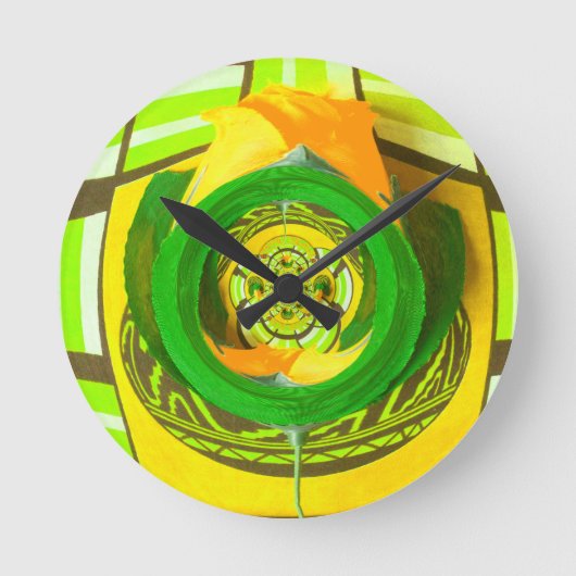 Gelber Rosen-grafische Kunst-Entwurf Runde Wanduhr (Vorderseite)