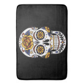 Gelber Rosenzucker-Schädel auf schwarz Badematte (Vorderseite Vertikal)