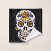 Gelber Rosenzucker-Schädel auf schwarz Badhandtuch Set (Waschlappen)