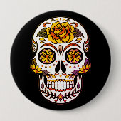 Gelber Rosenzucker-Schädel auf schwarz Button (Vorderseite)