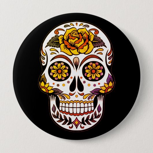 Gelber Rosenzucker-Schädel auf schwarz Button (Vorderseite)