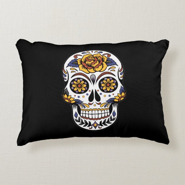Gelber Rosenzucker-Schädel auf schwarz Dekokissen (Vorderseite)