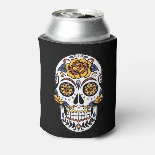 Gelber Rosenzucker-Schädel auf schwarz Dosenkühler (Kanne Rückseite)