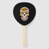 Gelber Rosenzucker-Schädel auf schwarz Fächer (Rückseite)