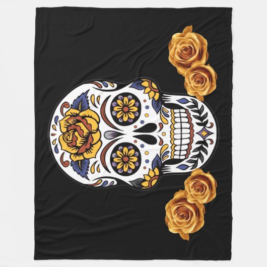 Gelber Rosenzucker-Schädel auf schwarz Fleecedecke (Vorderseite)