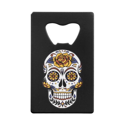 Gelber Rosenzucker-Schädel auf schwarz Geldbeutel Flaschenöffner (Rückseite)