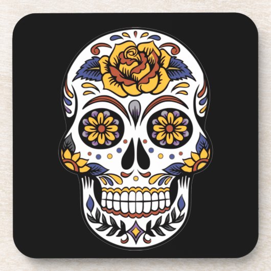 Gelber Rosenzucker-Schädel auf schwarz Getränkeuntersetzer (Vorderseite)