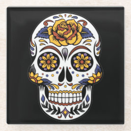 Gelber Rosenzucker-Schädel auf schwarz Glasuntersetzer