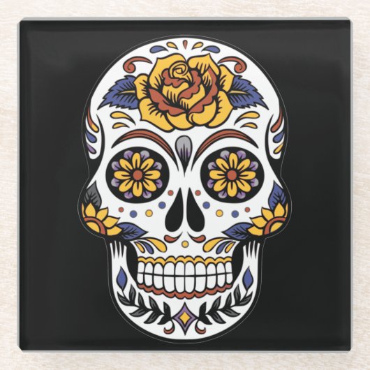 Gelber Rosenzucker-Schädel auf schwarz Glasuntersetzer (Vorderseite)