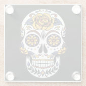 Gelber Rosenzucker-Schädel auf schwarz Glasuntersetzer (Rückseite)