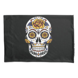 Gelber Rosenzucker-Schädel auf schwarz Kissenbezug