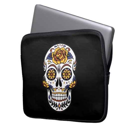 Gelber Rosenzucker-Schädel auf schwarz Laptopschutzhülle (Vorderseite Links)