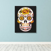 Gelber Rosenzucker-Schädel auf schwarz Leinwanddruck (Insitu (Holzboden))