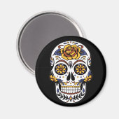 Gelber Rosenzucker-Schädel auf schwarz Magnet (Vorderseite/Rückseite)