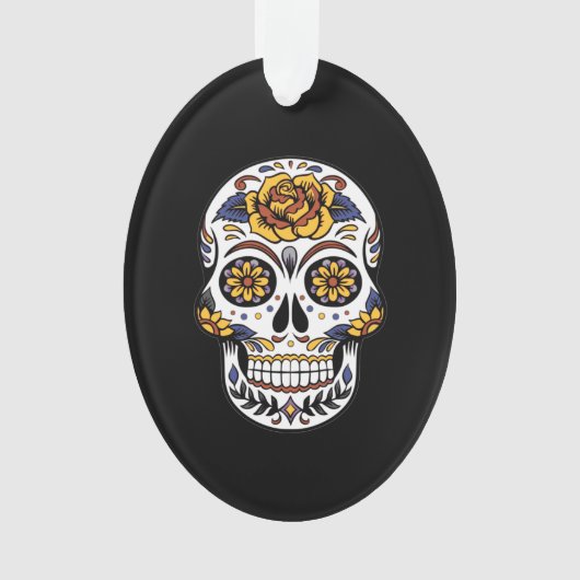 Gelber Rosenzucker-Schädel auf schwarz Ornament (Vorderseite)