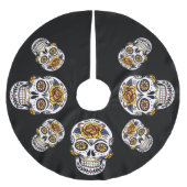 Gelber Rosenzucker-Schädel auf schwarz Polyester Weihnachtsbaumdecke (Vorderseite)