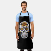 Gelber Rosenzucker-Schädel auf schwarz Schürze (Getragen)
