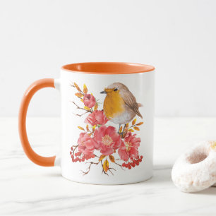Gelber Rotkehlchen und rote Pfeffer Tasse