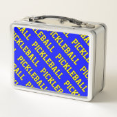 Gelber, schlanker Text auf hellblau Metall Brotdose (Rückseite)