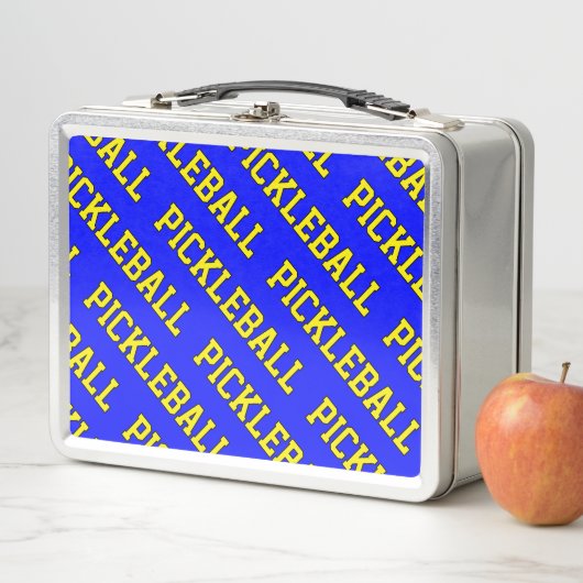 Gelber, schlanker Text auf hellblau Metall Brotdose (Beispiel)