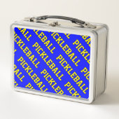 Gelber, schlanker Text auf hellblau Metall Brotdose (Vorderseite)