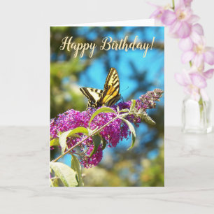 Gelber Schmetterling auf rosa Blumen Geburtstag Karte