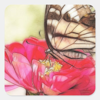 Gelber Schmetterling auf Zinnia Quadratischer Aufkleber