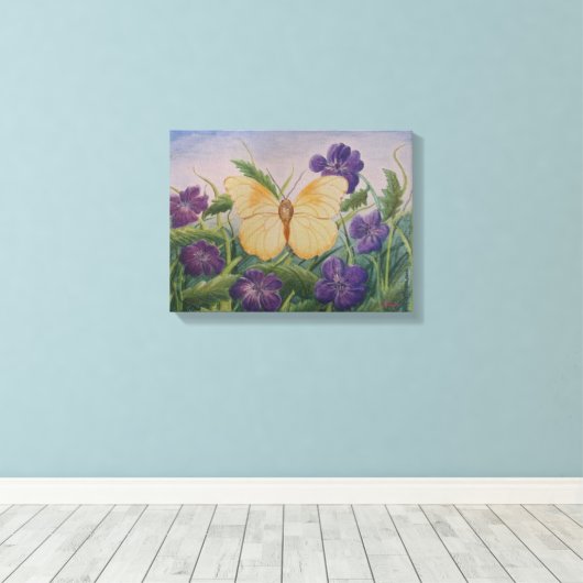 Gelber Schmetterling mit Blumen Leinwanddruck (Insitu (Holzboden))