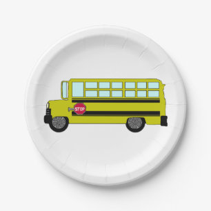 Gelber Schulbus mit Stoppschild Pappteller